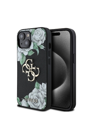 Apple Uyumlu iPhone 15 Kılıf Guess Lisanslı Gül Baskılı Büyük Metal Logo Dizaynlı Kapak Siyah
