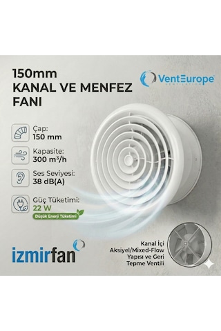 Circle 150 Bd 15 Lik Yuvarlak Sessiz Banyo Aspiratörü Klapeli 150 Mm Havalandırma