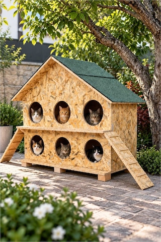Reyo 6 Bölmeli Kedi Evi Dış Ortam Uygun Ahşap Kedi Barınağı Yetişkin Kedi Evi Su Yalıtımlı Rüzgar ve Soğuğa Dayanıklı OSB 100 x 95 x 50 CM MLD0CAT27
