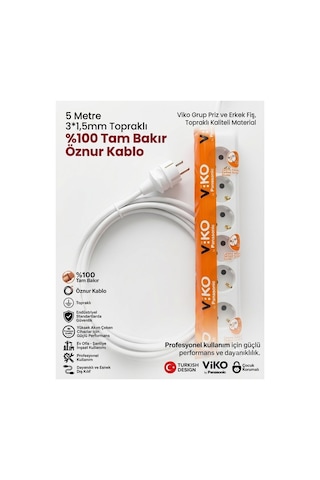 Viko 6'lı Grup Priz 5 Metre - 3x1.5mm %100 Saf Bakır Öznur Kablolu Uzatma Kablosu Çocuk Korumalı & Ark Yapmaz 5 M