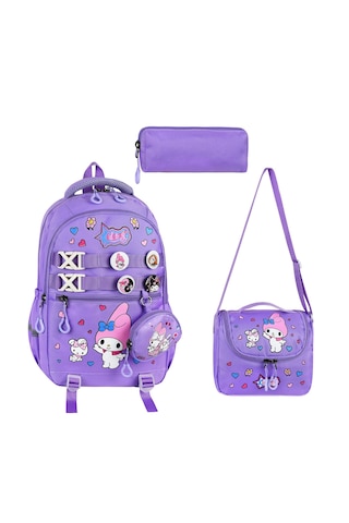 My Melody Baskılı Aksesuarlı Ortopedik Su Geçirmez Ultra Lüx Okul Çantası Termal Beslenme Ve Kalemlik Mor