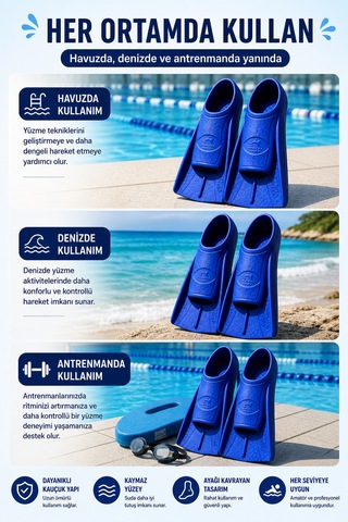 Mavi 41-42 Numara Yüzme Paleti Kauçuk Kısa Palet Havuz Deniz Antrenman Erkek Unisex Ayak