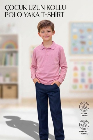Erdem Kıds Unisex Kız Erkek Çocuk Polo Yaka Pamuklu Uzun Kol Pudra-toz Pembe Günlük Basic Okul Tişört Pembe Pembe