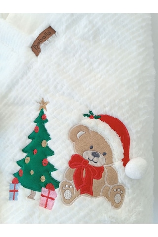 Kışlık Bebek Battaniyesi & Kundağı - Çam Ağacı & Ayıcık Işlemeli Hastane Çıkışı - Yeni Yıla Özel Ekru