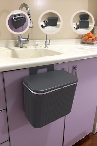 Biltaş Plastik Vailo Gri Çizgili 8 Lt Mutfak Tezgah Üstü Ve Dolap Askılı Çöp Kovası Gri