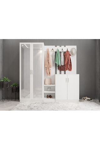 Flora Aynalı Portmanto Vestiyer- Beyaz 225 cm