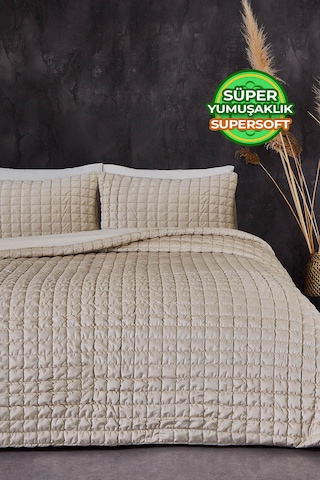 Evlen Home Collection Kadife Stacy Yatak Örtüsü Seti Çift Kişilik Elyaf Dolgulu Yumuşak 3 Parça Bej