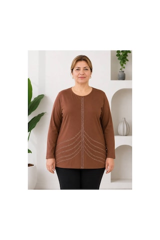 Neco Giyim Kadın Taşlı Desenli Likralı Anne Penye Bluz Kahverengi