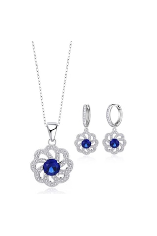 Brezza Lusso Jewelry Gümüş Lüks Mavi Safir Taşlı Çiçek Model Kadın Kolye Küpe Set