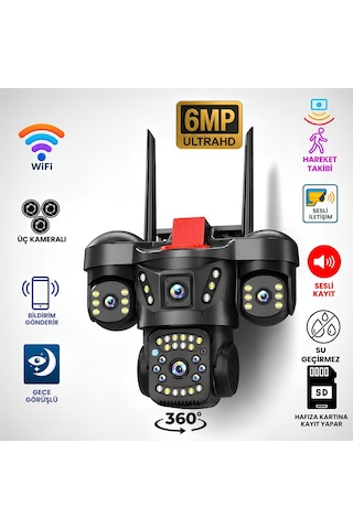 Onqam Onw2363 3 Kameralı Wifi Ptz Güvenlik Kamerası 6mp Ultra Hd 360 Derece Dış Mekan Ip66 Gece Görüşlü