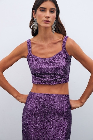 Sateen Payetli Crop Bluz - Mor-133805 Mor