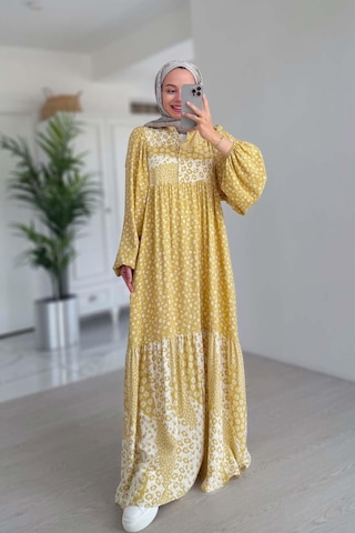 Çiçek Desenli Kuşaklı Elbise - Sarı Sarı