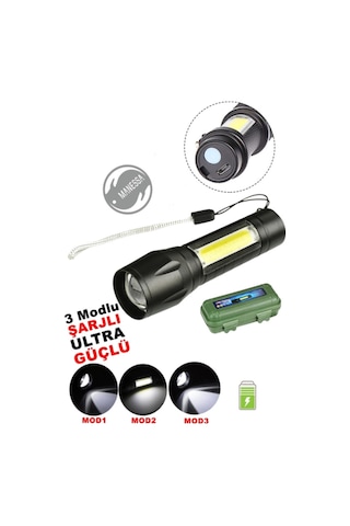 Manessa Ms-ultra Güçlü 2000 Lumens + 5w Cob Led Usb Şarjlı Su Geçirmez El Feneri Kutulu Kamp Feneri Avcılık Karışık Çok Renkli
