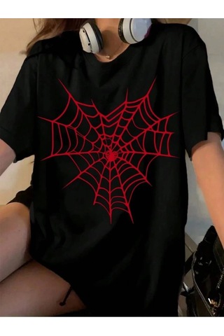 Wear Vexel Kadın Örümcek Ağ Baskılı T-shirt Kısa Kol Bisiklet Yaka Oversize Tişört - Siyah Siyah