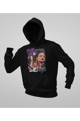Şarkıcı Rihanna Baskılı Unisex Oversize Hoodie Siyah