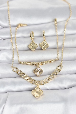 Gold Renk Pirinç Kolye Bileklik Ve Küpe Seti Rekli