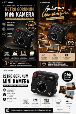Nostaljik Tasarımı Retro Görünüm Kare Mini Foto Video Kamera 1080p Full Hd 32gb Kart li