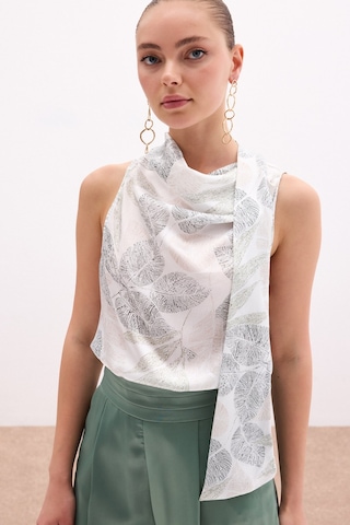 Sateen Fularlı Desenli Bluz - Haki-136079 Haki