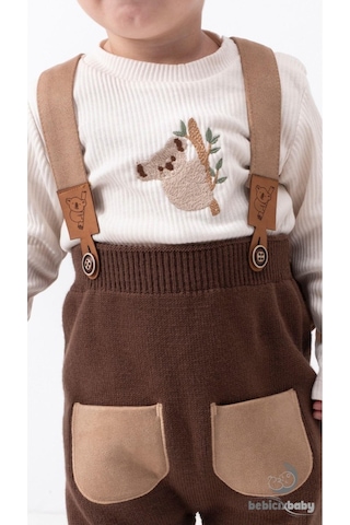 Tiwitibaby Triko Çapraz Askılı Salopet Koala Figürlü Esnek Kaşkorse Badi Bereli Unisex Bebek Takım Kahve