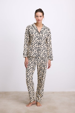 Man11550-1039 Anil Ev Giyim Anıl Kadın Uzun Kollu Gömlek Yaka Leopar Desenli %100 Pamuk Pijama Takımı 11550 Krem