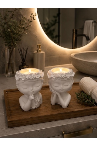 İkili Kız Figürlü Dekoratif Mumluk Seti Tealight Mum Hediyeli 2