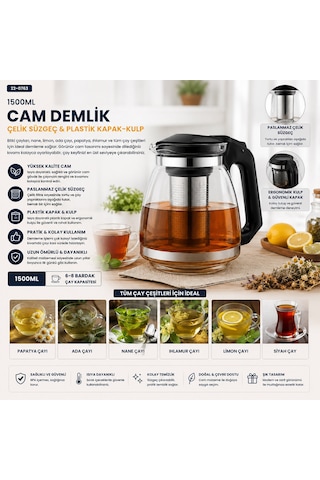 Çelik Süzgeçli Cam Demlik 1500ml 5639 1
