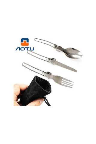 Aotu At6387 Dış Mekan Paslanmaz Çelik Katlanabilir Bıçak + Çatal + Kaşık Kamp, Yürüyüş Vb. İçin 3'ü 1 Arada Set.