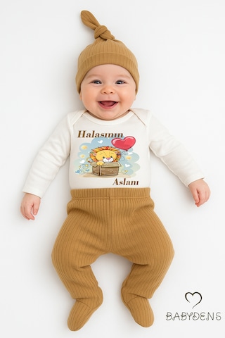 Babyden's Halasının Aslanı Baskılı 3 Lü Bebek Takımı Pamuklu Şapka,patikli Alt ,uzun Kollu Zıbın Açık Kahverengi
