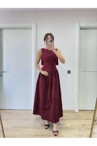 Krep Arkası Kanat Arka Ön Pens Detaylı Uzun Kadın Elbise - Bordo Bordo