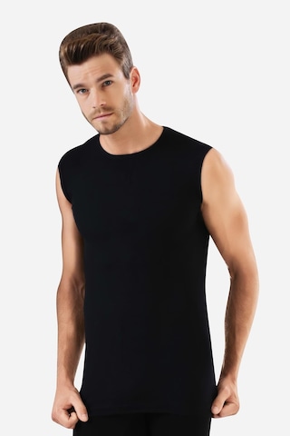 Erkek Pamuklu Siyah Tişört Sıfır Kol Sıfır Yaka Kolsuz Atlet 2'li Paket Siyah