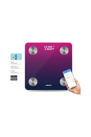 Polosmart Psc104 Pilli Bluetooth Vücut Analizli Yağ Kas Su Ölçer Hassas Akıllı Tartı Baskül Mor