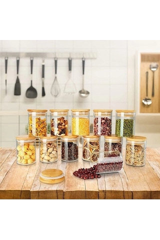 Qerhome 12 Adet Bambu Kapaklı Borosilikat Cam Kavanoz Mini 200 Ml Kaşıklı ŞEffaf