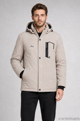 Freemen Erkek Kapüşonlu İçi Kürklü Su Ve Rüzgar Geçirmez Outdoor Softshell Mont-414 Taş