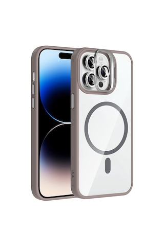 Apple Uyumlu iPhone 14 Pro Max Kılıf Standlı Ve Kamera Lens li M-safe Şarj Özellikli Zore Etro Kapak Gri