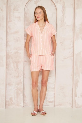 Kadın Özel Kumaş Ceket Yaka Beli Lastikli Kısa Kol Gömlek Cepli Şort Takım 3625290 Turuncu