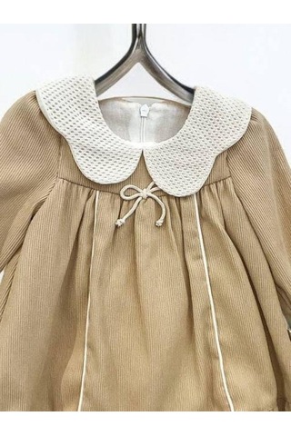 Cantoy Kız Bebek Bebe Yaka Fitilli Kadife Elbise-15068 Camel
