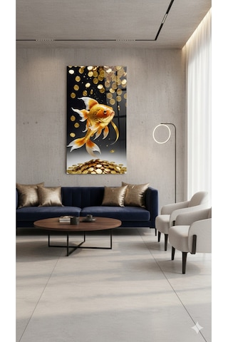 Para Ve Balık Temalı Modern Dekoratif Cam Tablo