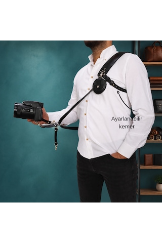 Siyah Renk Fotoğraf Makinesi Tek Taraflı Omuz Askısı Nikel Renk Aksesuar