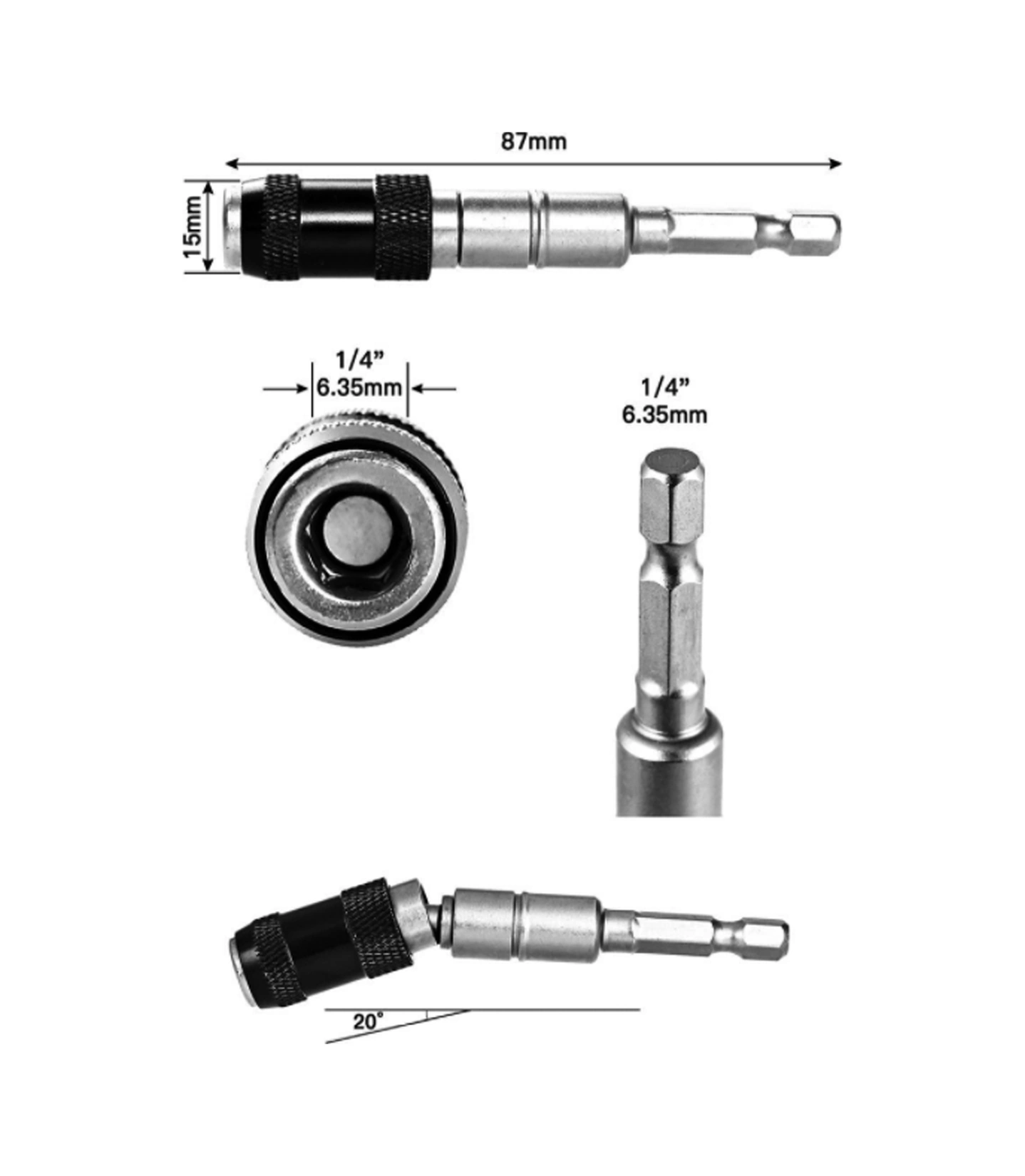 Xindoker Stainless Steel 1/4" Hex Shank Universal Adapter - 87mm Magnetic Screwdriver Bit Holder For Drill Drivers - Black/silver