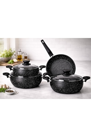 Granit Pro 7 Parça Granit Güveç Tencere Seti Siyah Bakalit Saplı - 20/24/26 Derin /26 Güveç Tava