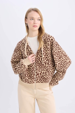 Defacto Coool Loose Fit Leopar Desenli Kapüşonlu Fermuarlı Sweatshirt E0780AX24WNBG389 Bej