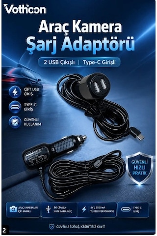 Araç Kamera Şarj Adaptörü 2 Usb'li Type-c Girişli 3.5 Metre Kablo Uzunluğu Ürün Kamera Değildir Siyah
