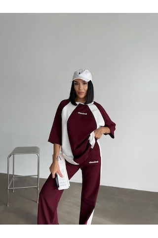 Oversize Yazı Detaylı Unisex Eşofman Takımı Yüksek Bel, Dijital Baskı, Rahat Kesim Bordo