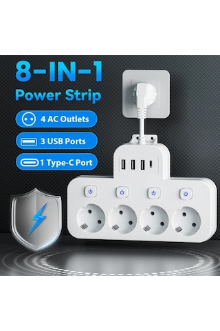 Xuweiwei 8 İn 1 Arada Standart Eu Priz 4 Usb Portu Usb C Portlu Bagimsiz Anahtarlı 152.4 304.8 Cm Uzatma Kablosu Siyah 5ft 1 5m