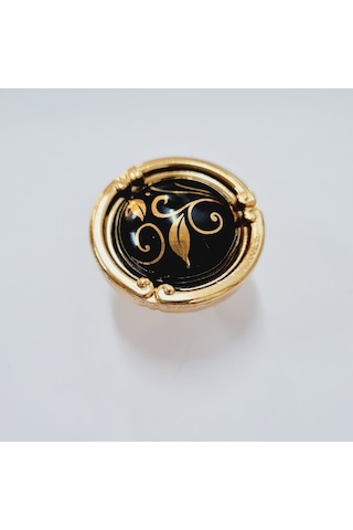 Porselen Düğme Kulp Metal Gold Siyah Desenli / 5 Adet Altın