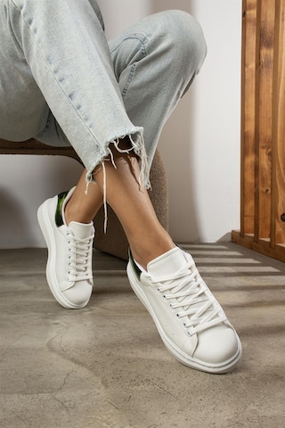 Shoetek Dukine Kadın Sneakers Bağcıklı Arka Helogramlı Beyaz&yeşil Deri Beyaz