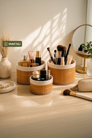Porsima Pbt-598 3lü Hasır Sepet Kapaklı Yuvarlak Bambu Sepet Seti Dekoratif Banyo Mutfak Düzenleyici Organizeri