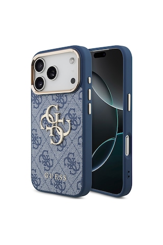Apple Uyumlu iPhone 18 Pro Kılıf Guess Lisanslı Gold Metal Kamera Çerçeveli Metal Büyük 4g Ve Yazı Logolu Mavi