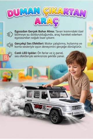 Duman Çıkaran 3 Buton Fonksiyonlu Işıklı Müzikli Sesli Sürtmeli 4x4 Arazi Aracı Temalı Oyuncak Araba Beyaz
