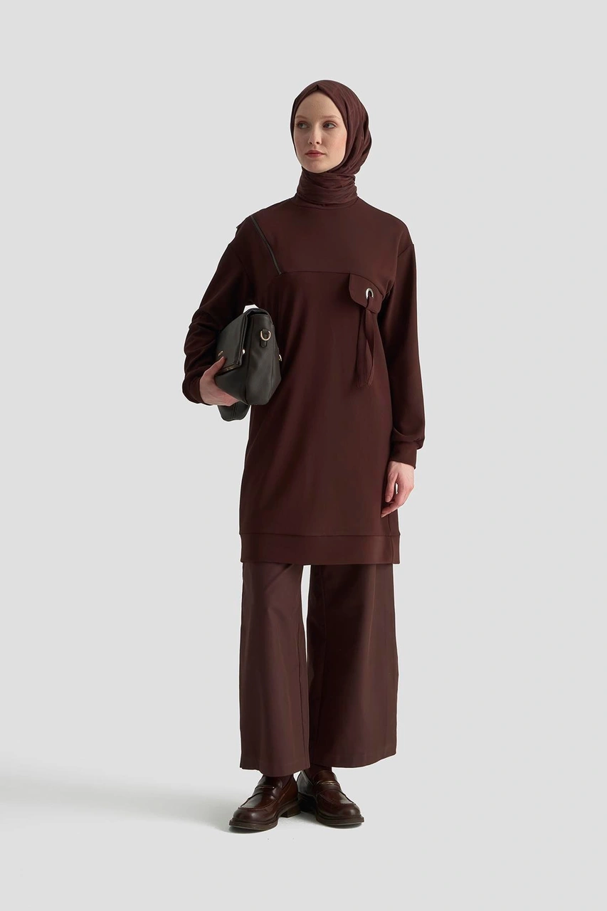 Armine Trend Cep Kapağı Kuşgözü Detaylı Fitilli Tunik Koyu Kahve 25kt453 Koyu Kahve